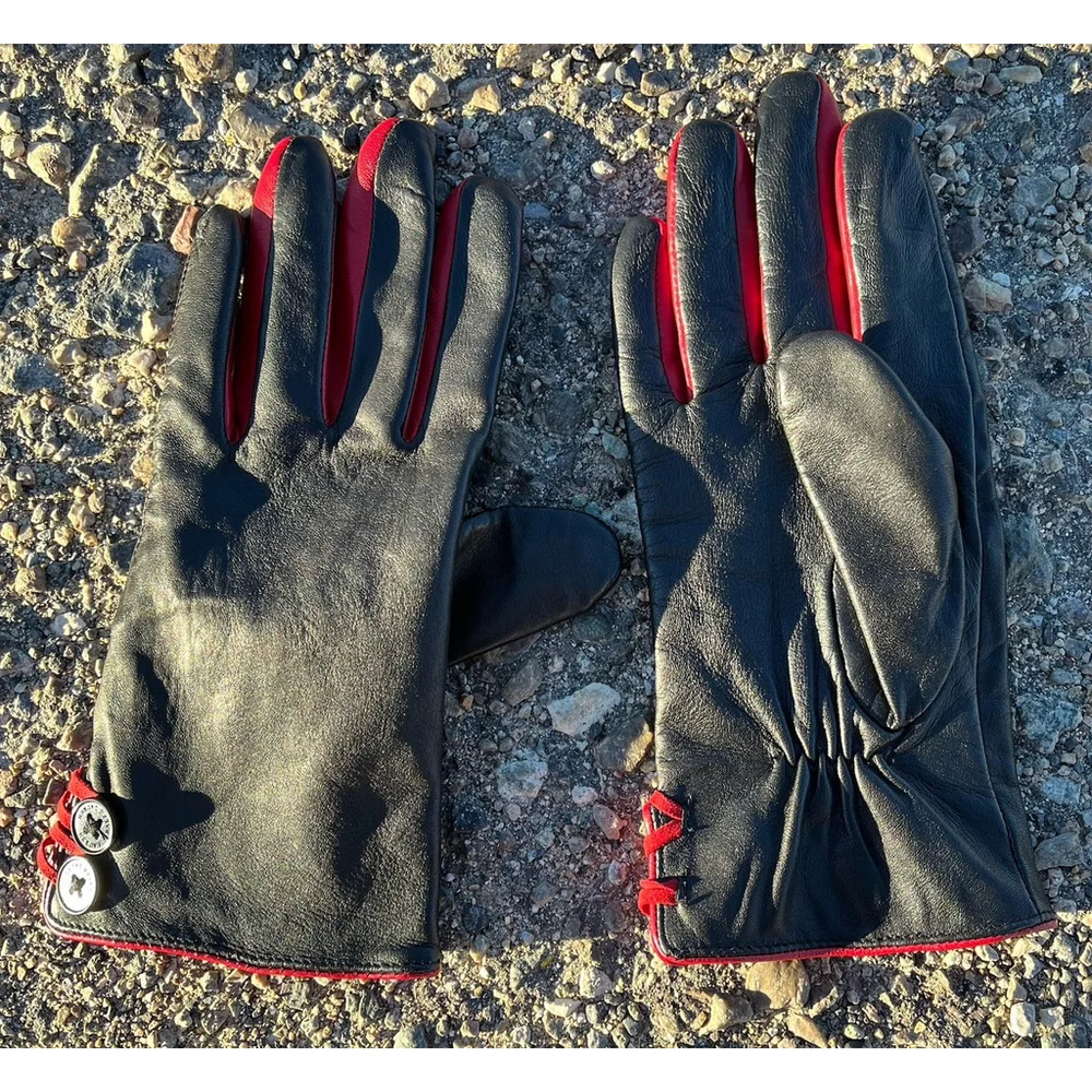 Ralph Lauren Black Leather Gloves Red Trim Button Detail Women One Size